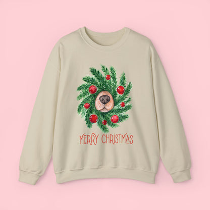 Wreath Dog Nose Christmas Crewneck Sweatshirt - White