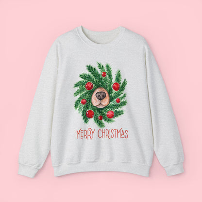 Wreath Dog Nose Christmas Crewneck Sweatshirt - White