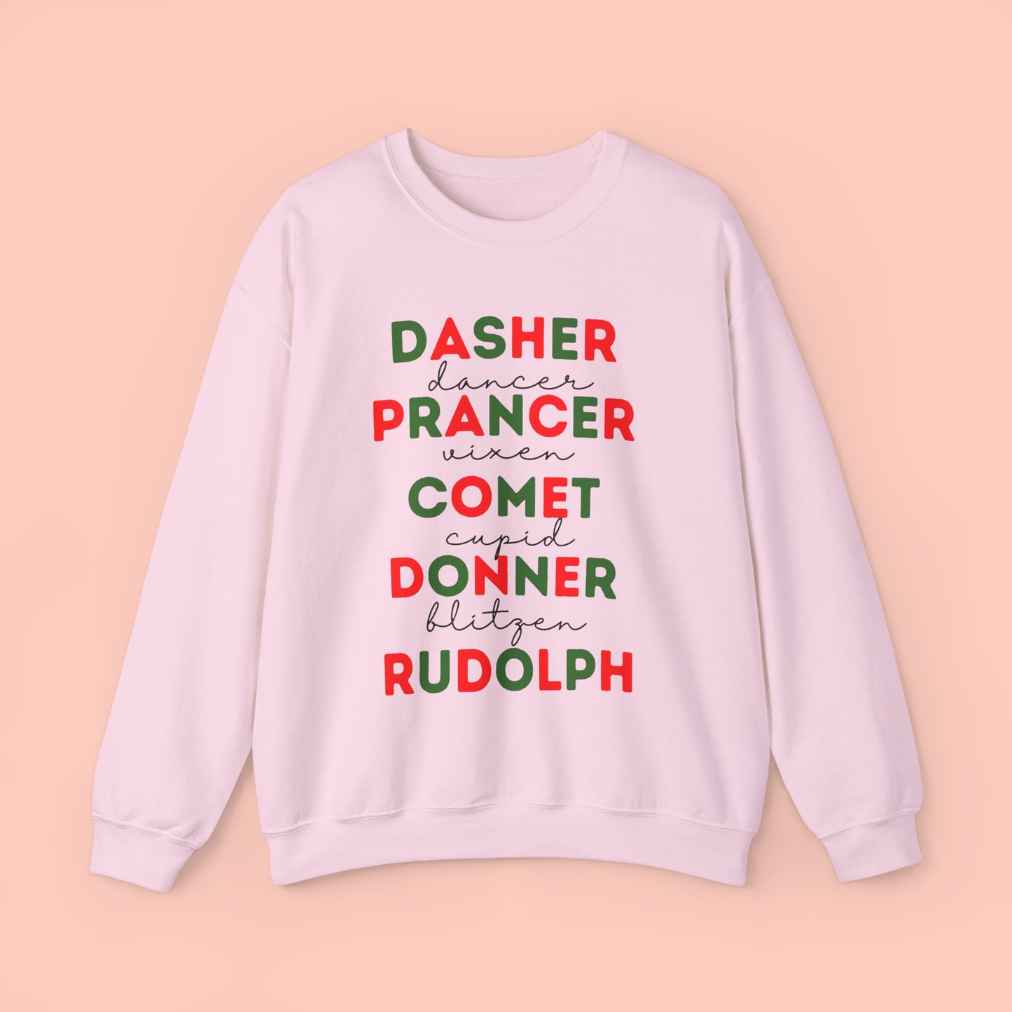 Reindeer Names/ Red & Green - Christmas Crewneck Sweatshirt