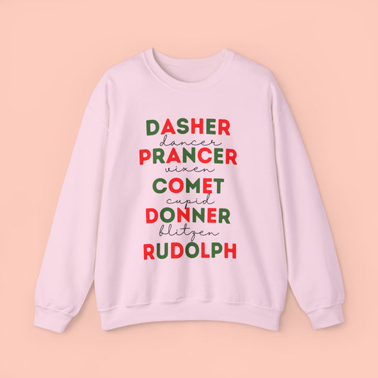 Reindeer Names/ Red & Green - Christmas Crewneck Sweatshirt