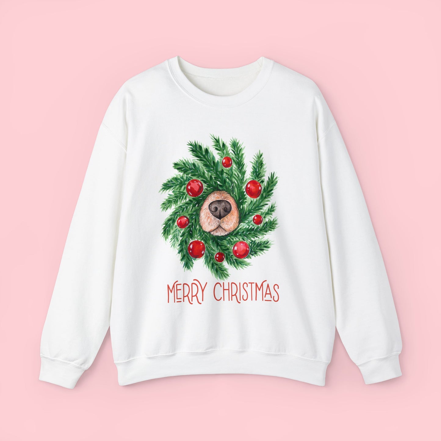 Wreath Dog Nose Christmas Crewneck Sweatshirt - White