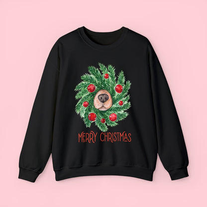 Wreath Dog Nose Christmas Crewneck Sweatshirt - White