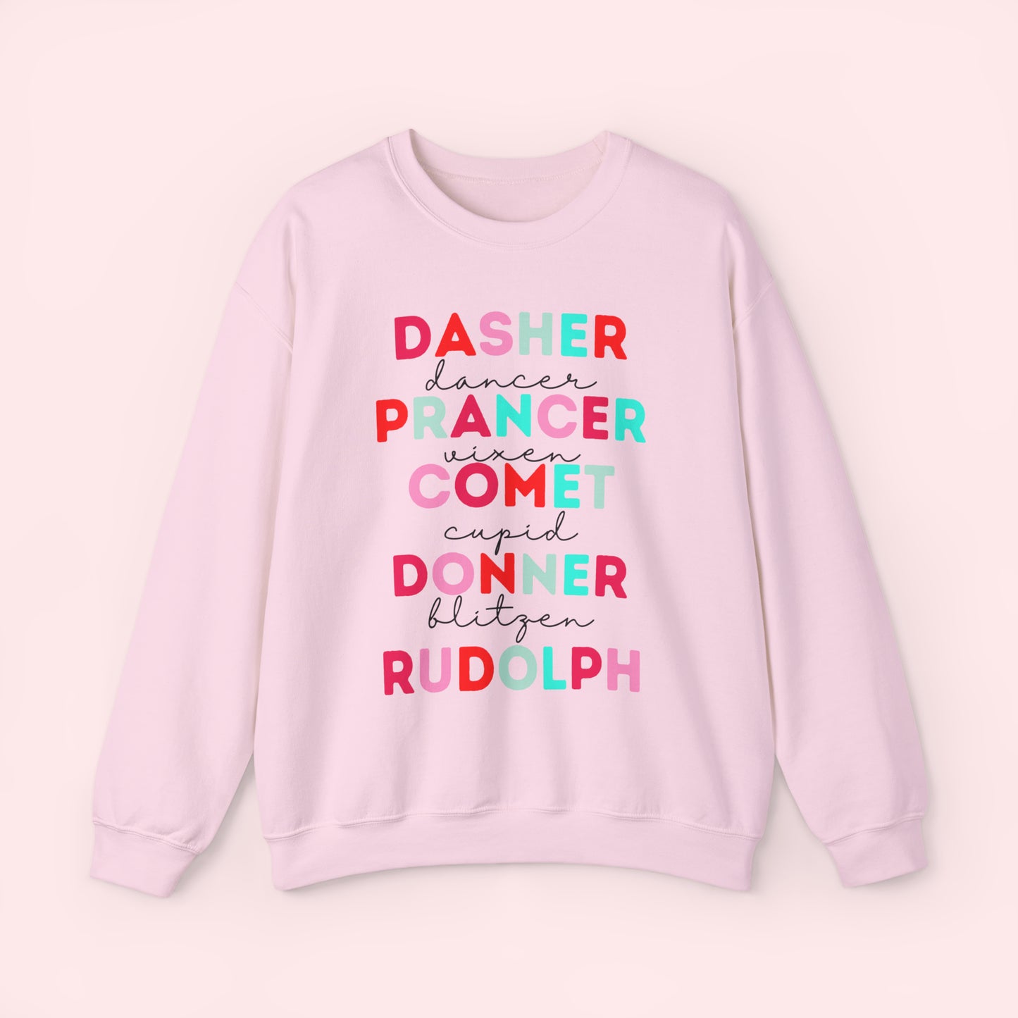 Reindeer Names / Pink & Blue - Christmas Crewneck Sweatshirt