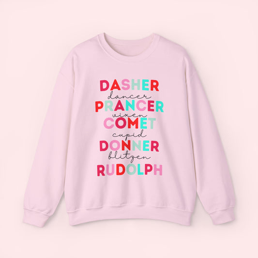 Reindeer Names / Pink & Blue - Christmas Crewneck Sweatshirt