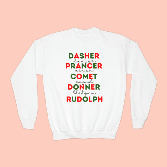 Reindeer Names Red & Green Youth Christmas Crewneck Sweatshirt