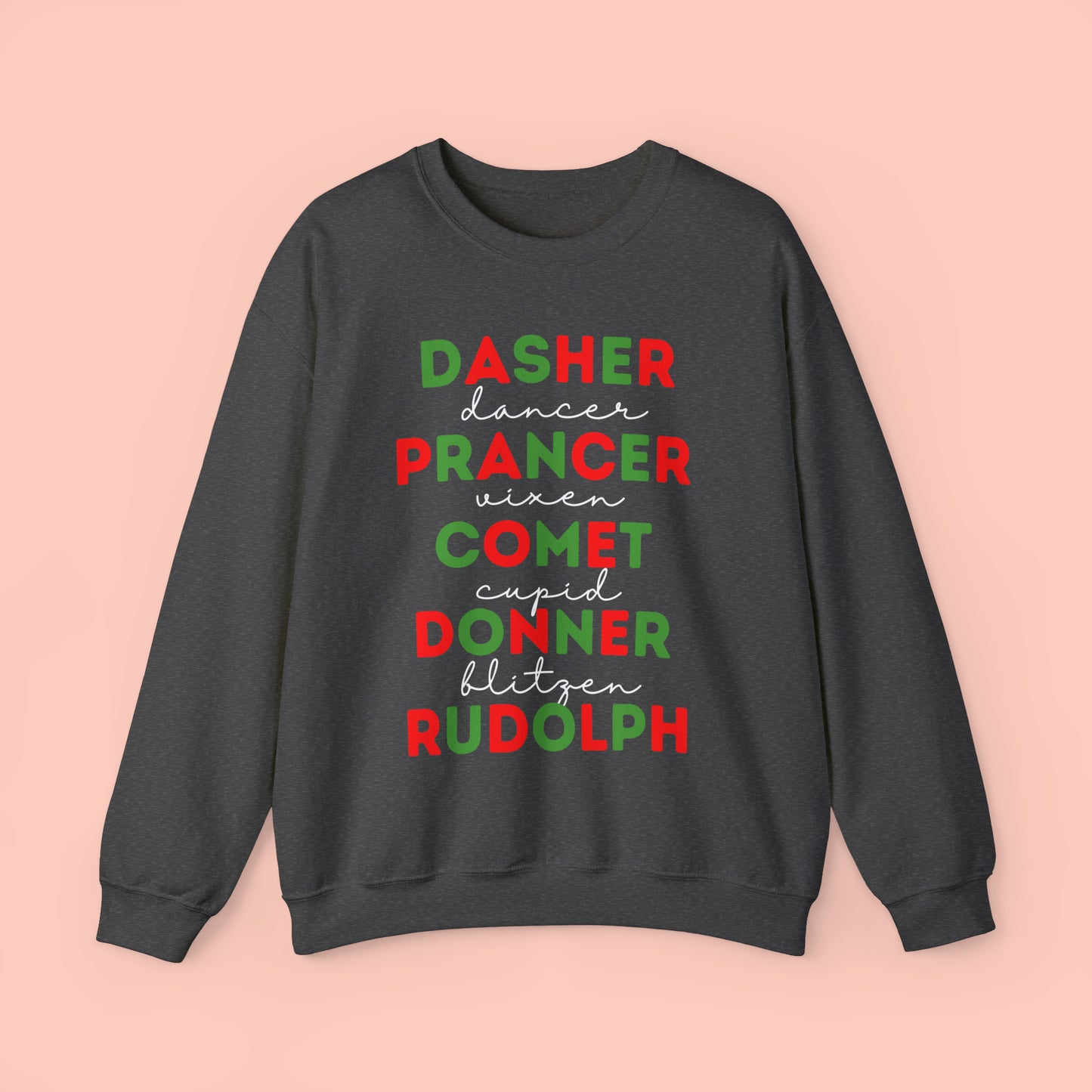 Reindeer Names/ Red & Green - Christmas Crewneck Sweatshirt