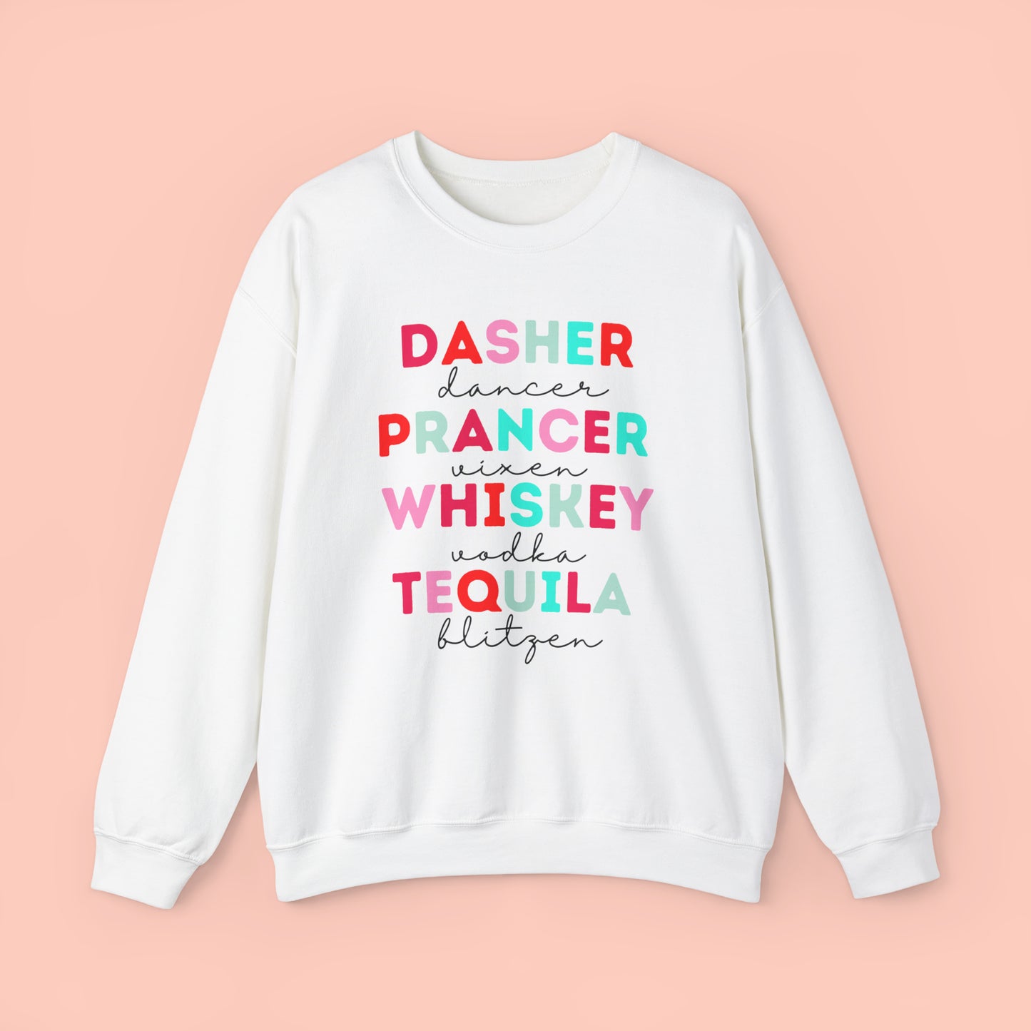 Reindeer & Alcohol names - Pink Design - Christmas Crewneck Sweatshirt