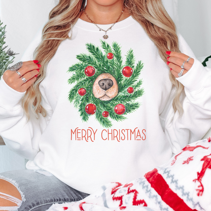 Wreath Dog Nose Christmas Crewneck Sweatshirt - White