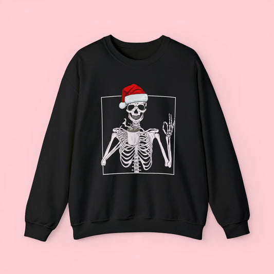 Coffee Drinking Skeleton Christmas Crewneck Sweatshirt