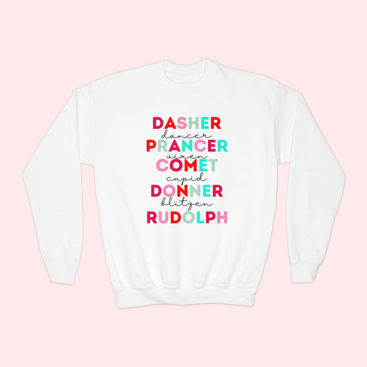 Reindeer Names Pink Youth - Christmas Crewneck Sweatshirt